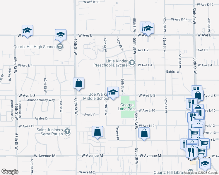 map of restaurants, bars, coffee shops, grocery stores, and more near 42429 Butterscotch Lane in Quartz Hill