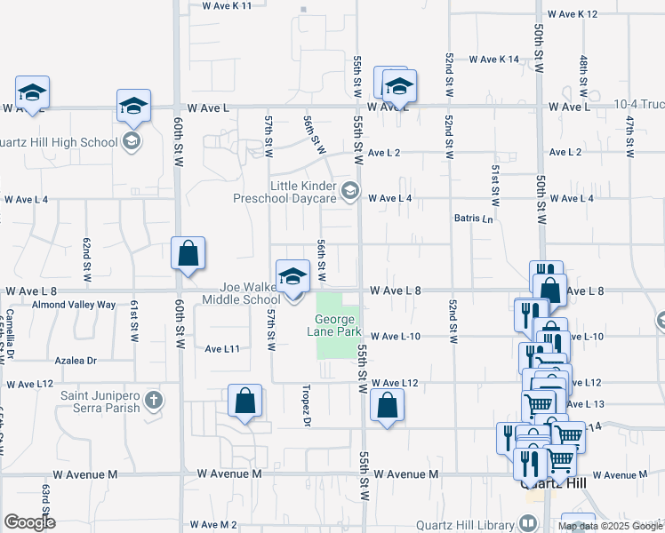 map of restaurants, bars, coffee shops, grocery stores, and more near 42429 Lane Ranch Road in Lancaster
