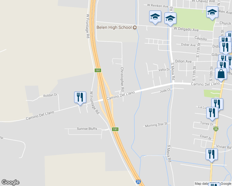 map of restaurants, bars, coffee shops, grocery stores, and more near 721 Christopher Drive in Belen