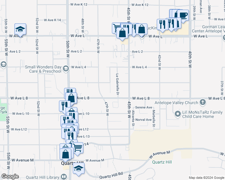 map of restaurants, bars, coffee shops, grocery stores, and more near 42418 Blossom Drive in Lancaster