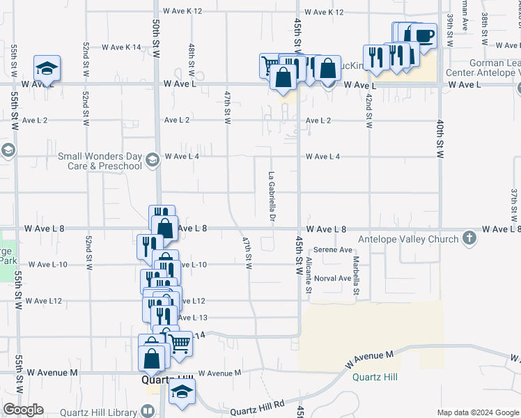 map of restaurants, bars, coffee shops, grocery stores, and more near 42418 Blossom Drive in Lancaster