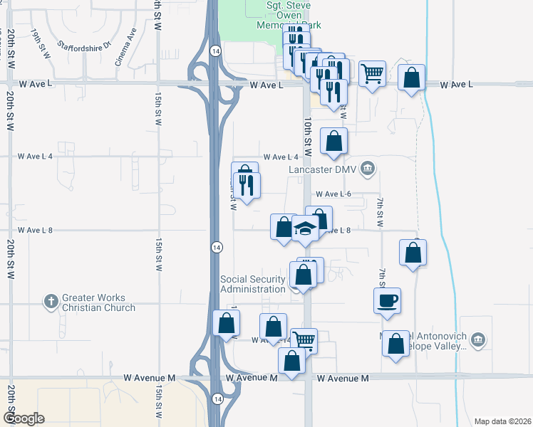 map of restaurants, bars, coffee shops, grocery stores, and more near 1105 West Avenue L8 in Lancaster