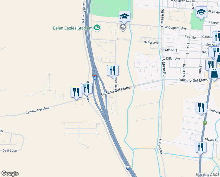 map of restaurants, bars, coffee shops, grocery stores, and more near 721 Christopher Drive in Belen