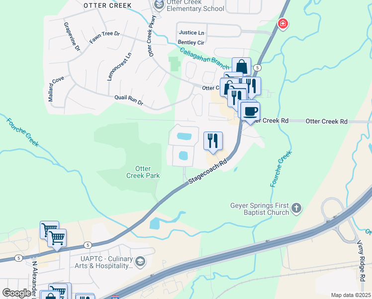map of restaurants, bars, coffee shops, grocery stores, and more near 1 Nandina Circle in Little Rock