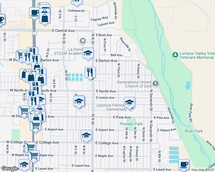 map of restaurants, bars, coffee shops, grocery stores, and more near 1012 North Gardenia Street in Lompoc