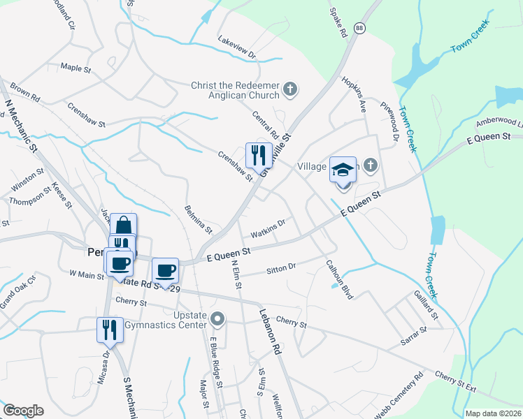 map of restaurants, bars, coffee shops, grocery stores, and more near 600 Greenville Street in Pendleton