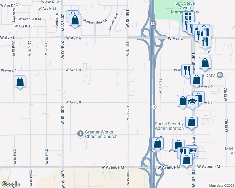 map of restaurants, bars, coffee shops, grocery stores, and more near 42451 15th Street West in Lancaster