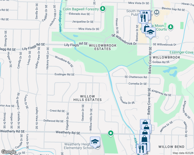 map of restaurants, bars, coffee shops, grocery stores, and more near 817 Esslinger Road Southeast in Huntsville