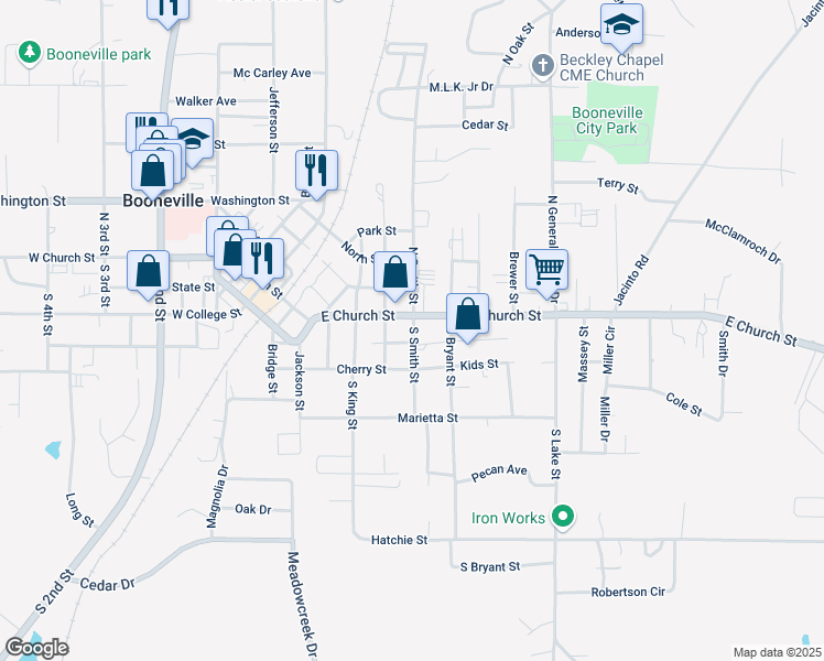 map of restaurants, bars, coffee shops, grocery stores, and more near 501-599 East Church Street in Booneville