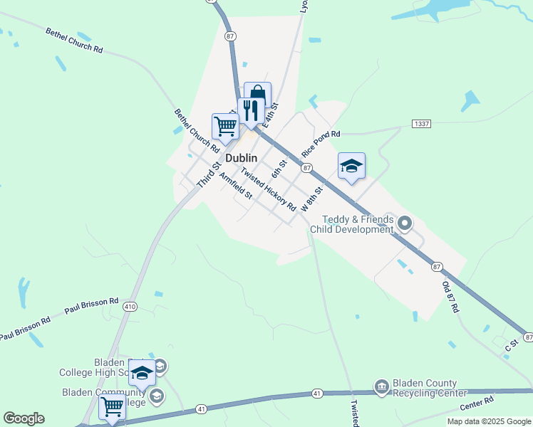 map of restaurants, bars, coffee shops, grocery stores, and more near 208 West 7th Street in Bladenboro