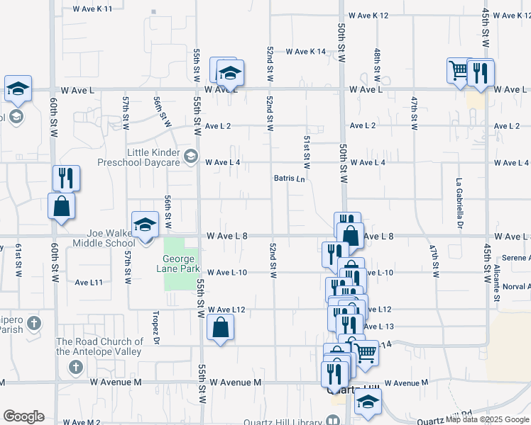map of restaurants, bars, coffee shops, grocery stores, and more near 42441 52nd Street West in Lancaster