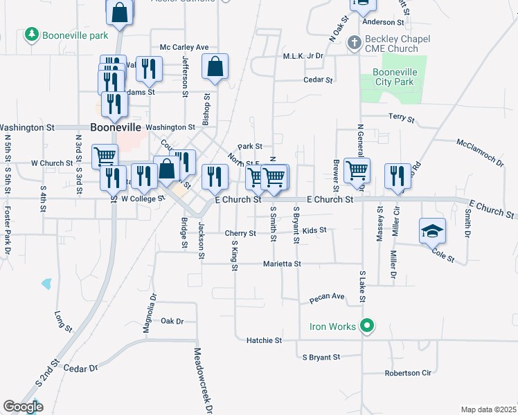 map of restaurants, bars, coffee shops, grocery stores, and more near 501 East Church Street in Booneville