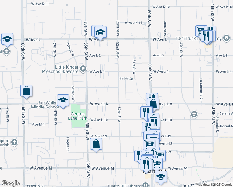 map of restaurants, bars, coffee shops, grocery stores, and more near 42441 52nd Street West in Lancaster