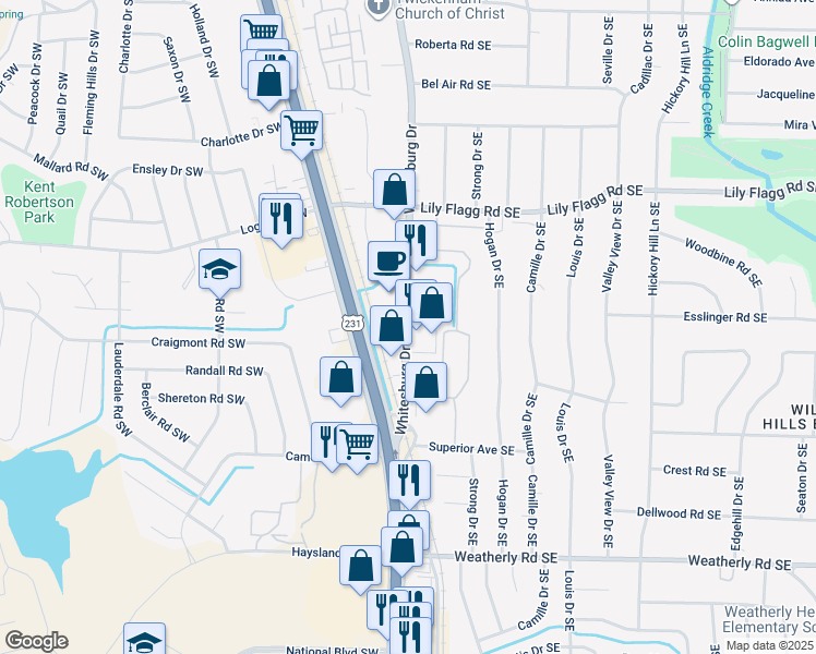 map of restaurants, bars, coffee shops, grocery stores, and more near in Huntsville
