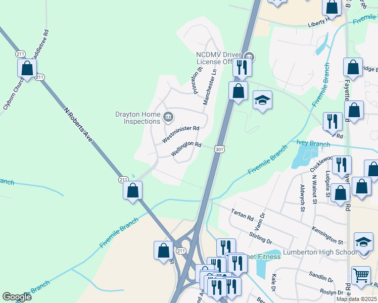 map of restaurants, bars, coffee shops, grocery stores, and more near 3785 Berkley Lane in Lumberton