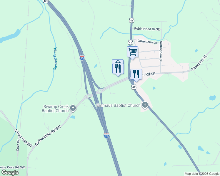 map of restaurants, bars, coffee shops, grocery stores, and more near 120 Carbondale Road Southwest in Dalton