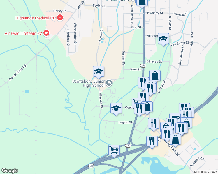 map of restaurants, bars, coffee shops, grocery stores, and more near 1601 Jefferson Drive in Scottsboro