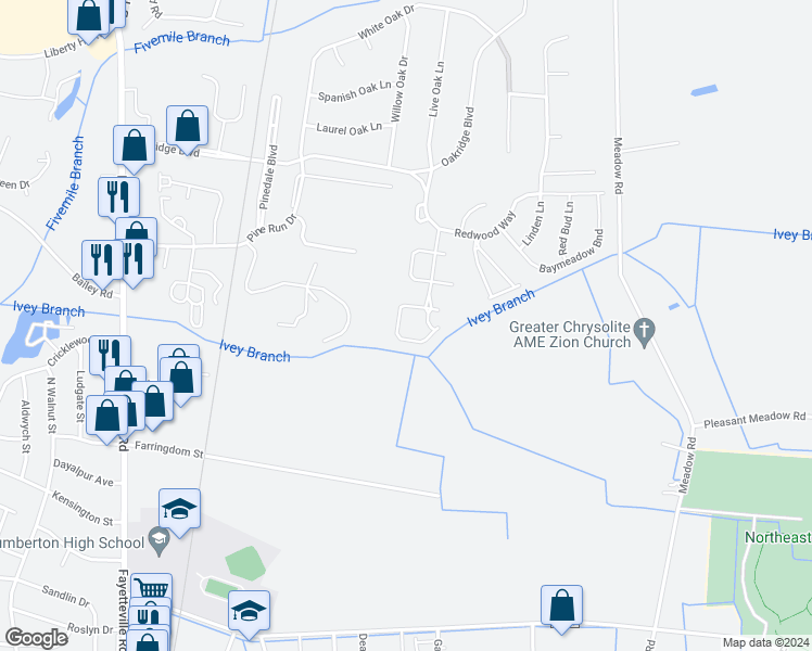 map of restaurants, bars, coffee shops, grocery stores, and more near 611 Amberdale West Circle in Lumberton