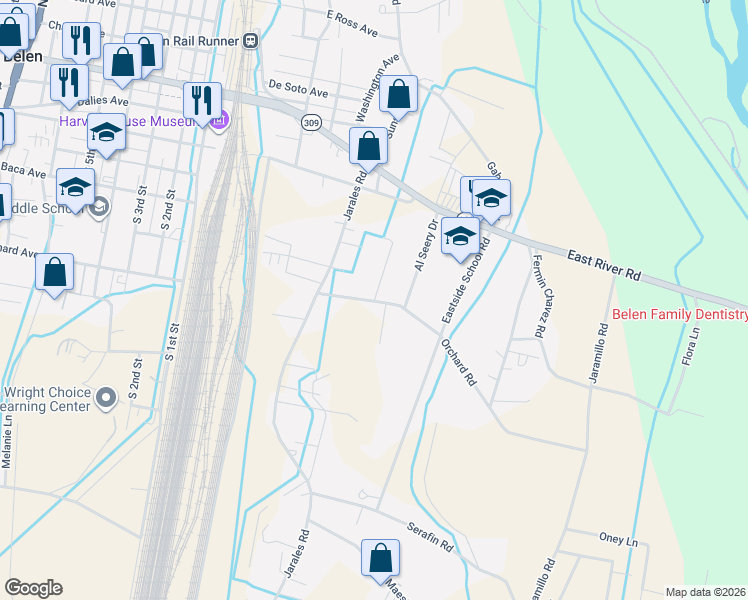 map of restaurants, bars, coffee shops, grocery stores, and more near 2B Orchard Place in Belen