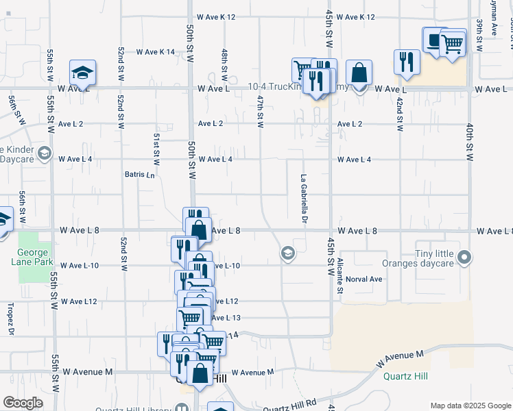 map of restaurants, bars, coffee shops, grocery stores, and more near 42443 47th Street West in Lancaster