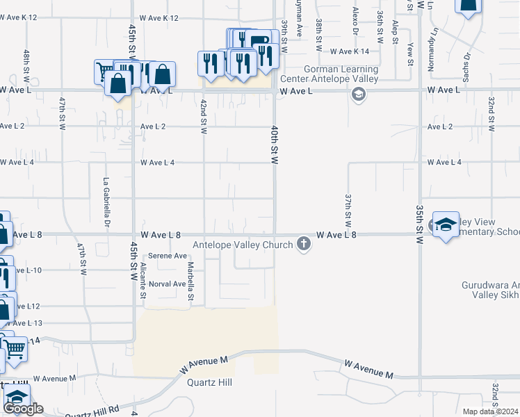 map of restaurants, bars, coffee shops, grocery stores, and more near 4024 West Avenue L 6 in Quartz Hill