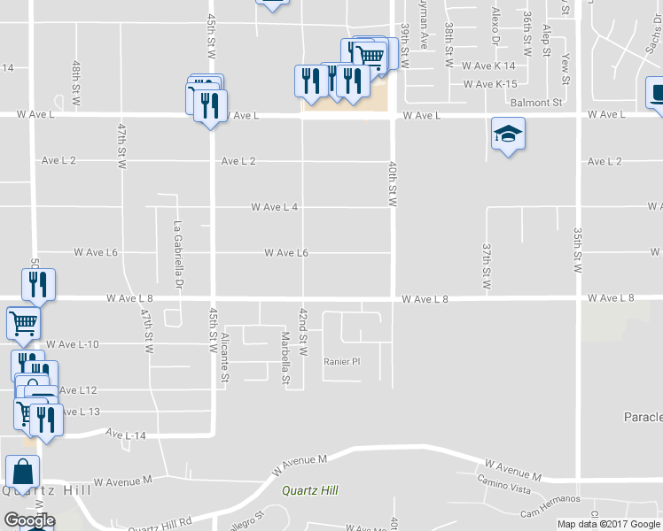 map of restaurants, bars, coffee shops, grocery stores, and more near 4124 West Avenue L 6 in Quartz Hill