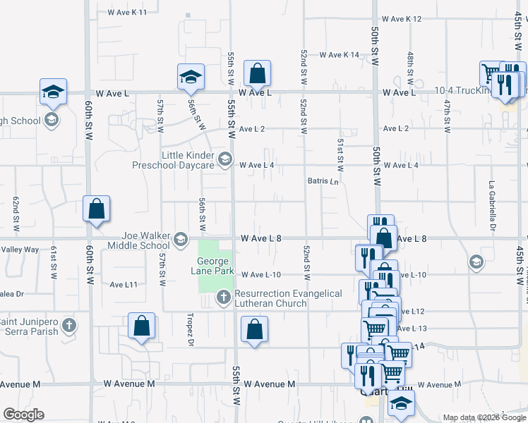 map of restaurants, bars, coffee shops, grocery stores, and more near 5314 West Avenue L 6 in Lancaster