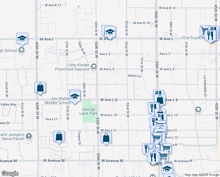 map of restaurants, bars, coffee shops, grocery stores, and more near 5314 West Avenue L 6 in Lancaster