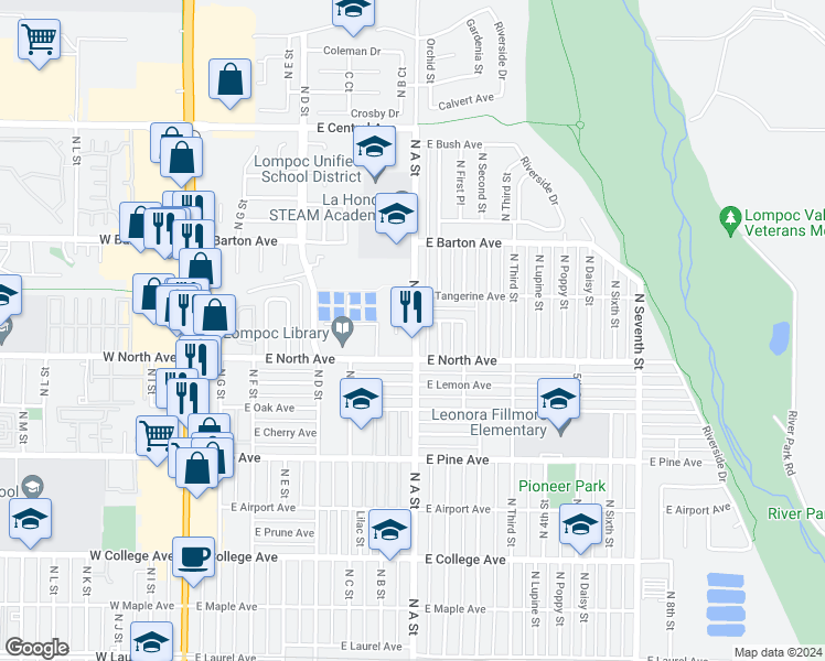 map of restaurants, bars, coffee shops, grocery stores, and more near 1001 North A Street in Lompoc