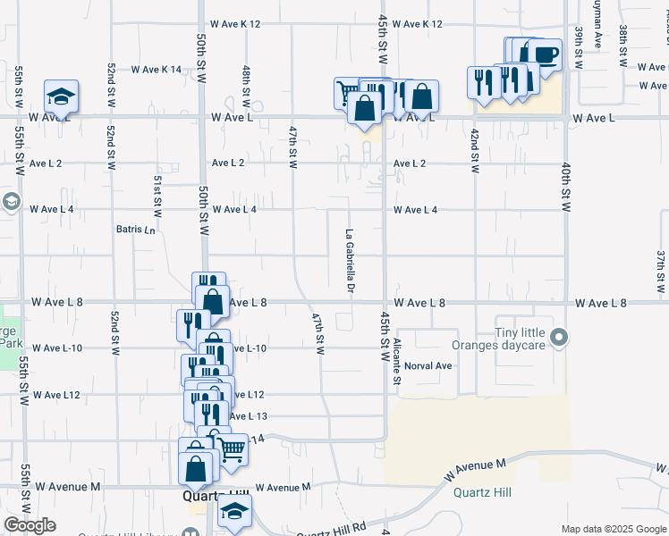 map of restaurants, bars, coffee shops, grocery stores, and more near 42434 Blossom Drive in Quartz Hill