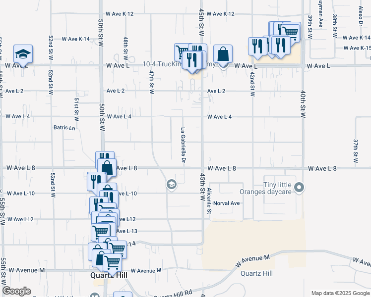 map of restaurants, bars, coffee shops, grocery stores, and more near 42453 La Gabriella Drive in Lancaster