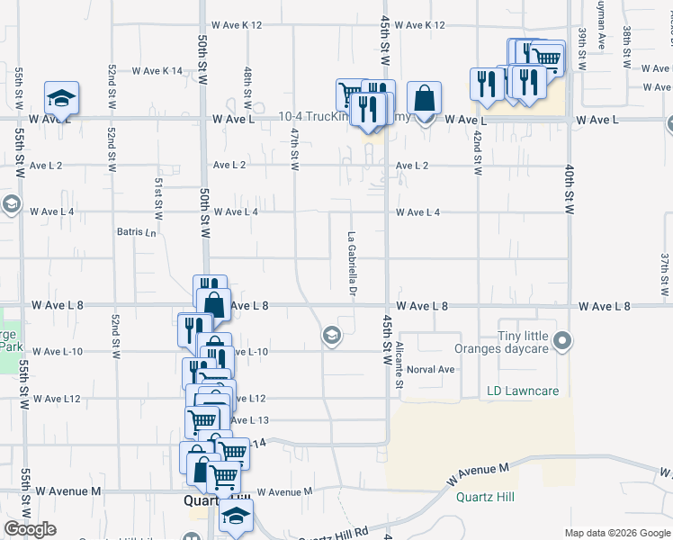 map of restaurants, bars, coffee shops, grocery stores, and more near 42434 Blossom Drive in Quartz Hill
