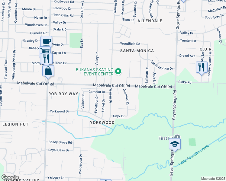 map of restaurants, bars, coffee shops, grocery stores, and more near 10500 Topaz Court in Little Rock