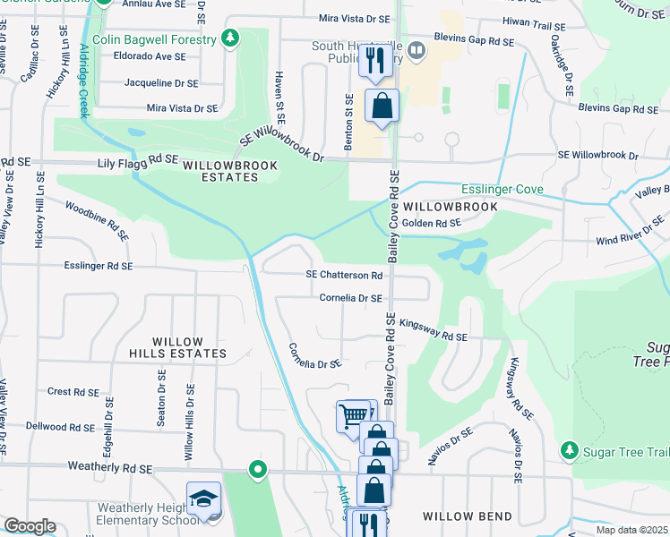 map of restaurants, bars, coffee shops, grocery stores, and more near 905 Chatterson Road Southeast in Huntsville