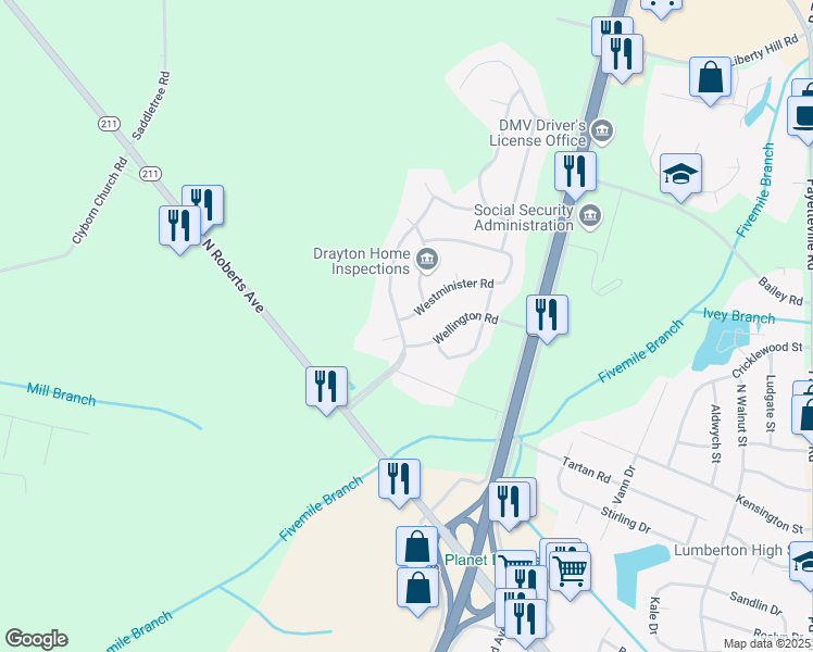 map of restaurants, bars, coffee shops, grocery stores, and more near 3815 Kings Cross Road in Lumberton