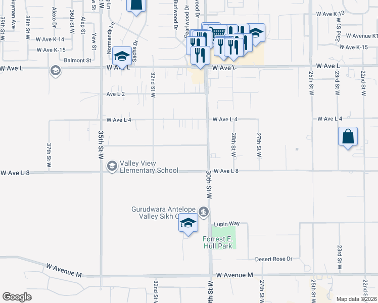 map of restaurants, bars, coffee shops, grocery stores, and more near 3044 West Avenue L 6 in Lancaster