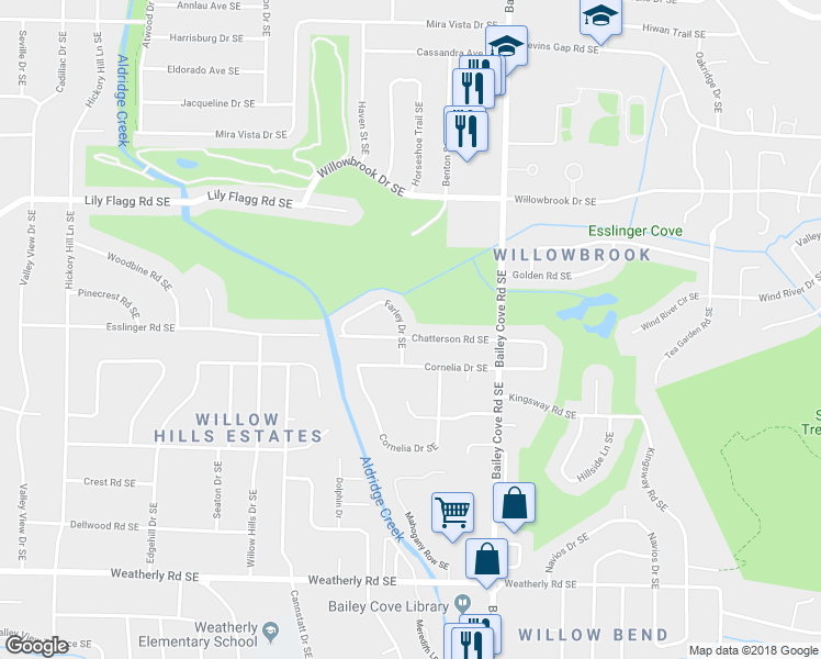 map of restaurants, bars, coffee shops, grocery stores, and more near 901 Chatterson Road Southeast in Huntsville