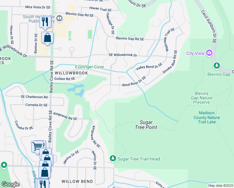map of restaurants, bars, coffee shops, grocery stores, and more near 9004 Brookfield Circle Southeast in Huntsville