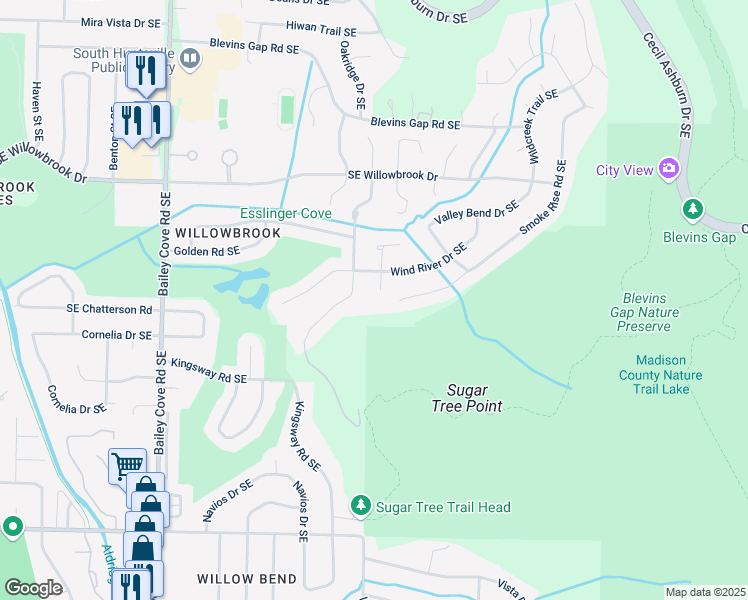 map of restaurants, bars, coffee shops, grocery stores, and more near 9004 Brookfield Circle Southeast in Huntsville