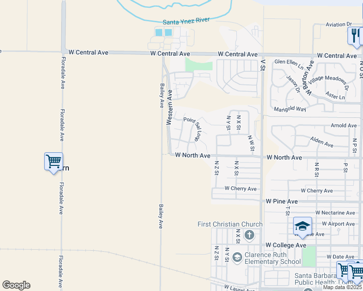 map of restaurants, bars, coffee shops, grocery stores, and more near 1018 Honda Way in Lompoc