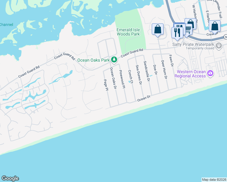 map of restaurants, bars, coffee shops, grocery stores, and more near 113 Ocean Oaks Drive in Emerald Isle