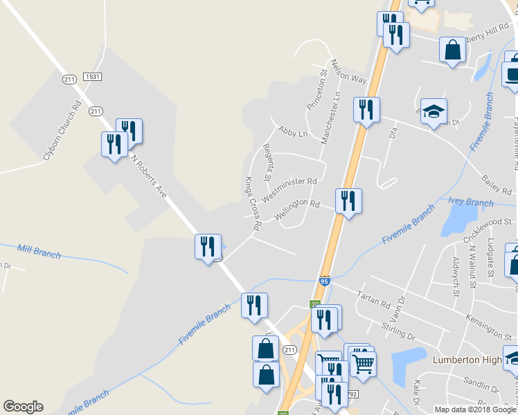 map of restaurants, bars, coffee shops, grocery stores, and more near 3815 Kings Cross Road in Lumberton