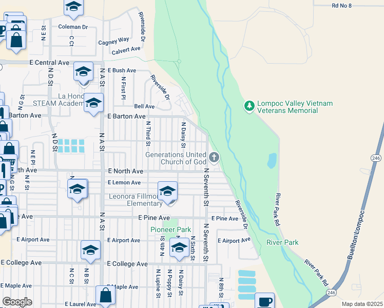 map of restaurants, bars, coffee shops, grocery stores, and more near 1025 North 6th Street in Lompoc