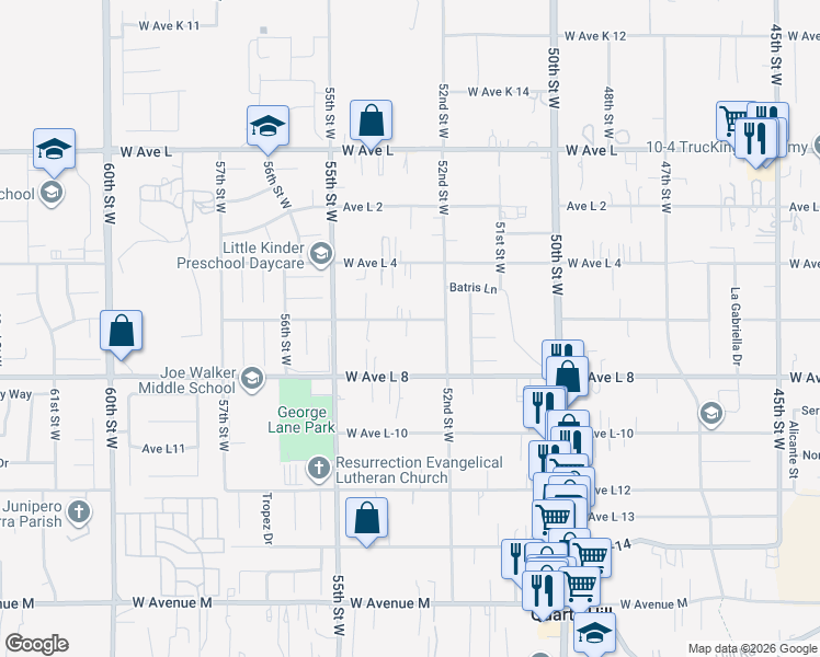 map of restaurants, bars, coffee shops, grocery stores, and more near 5238 West Avenue L 6 in Quartz Hill