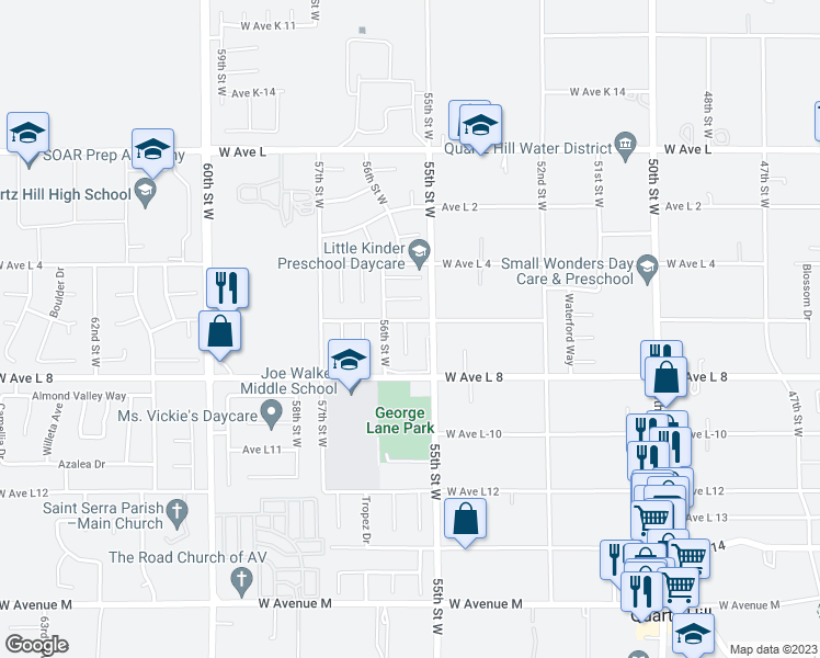 map of restaurants, bars, coffee shops, grocery stores, and more near 5516 West Avenue L-6 in Lancaster