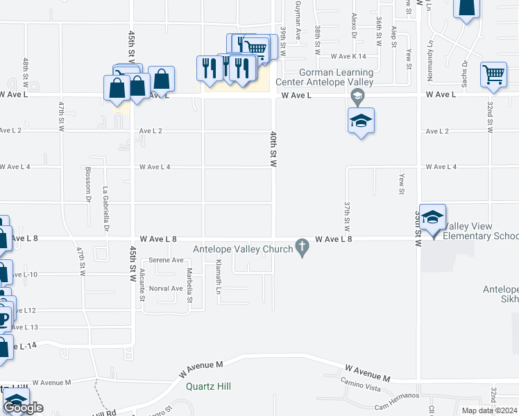 map of restaurants, bars, coffee shops, grocery stores, and more near 4024 West Avenue L-6 in Lancaster