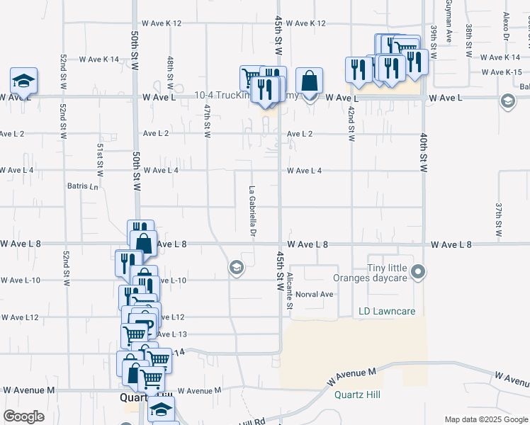 map of restaurants, bars, coffee shops, grocery stores, and more near 4522 West Avenue L 6 in Quartz Hill