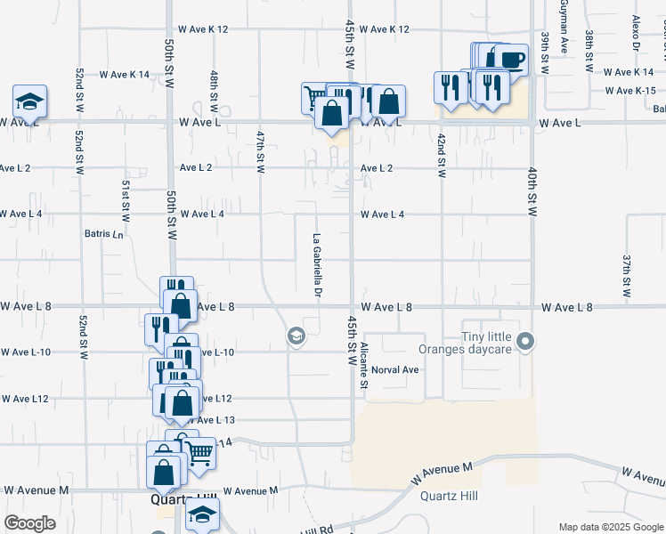map of restaurants, bars, coffee shops, grocery stores, and more near 4522 West Avenue L 6 in Quartz Hill