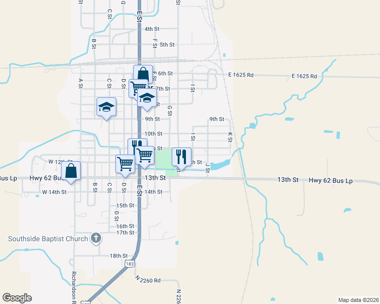 map of restaurants, bars, coffee shops, grocery stores, and more near 820 11th Street in Snyder
