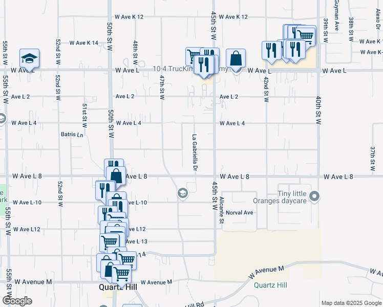 map of restaurants, bars, coffee shops, grocery stores, and more near 42453 La Gabriella Drive in Lancaster